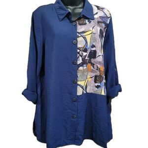 Shana Art to Wear Button Front Top Size L Blue Abstract Panel Roll Tab Slv Artsy